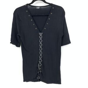 Vegas Lace Up Front Half Sleeve Top Womens One Size Black Plunge Neck